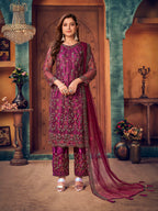 Myra Wine Heavy Embroidered Pant Style Suit | Grocsy