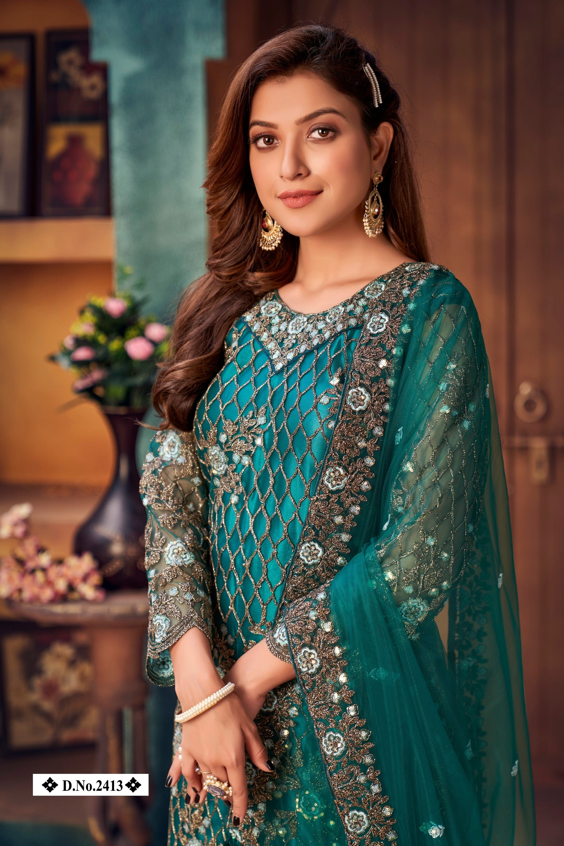 Anaita Teal Embroidered Net Salwar Suit | Grocsy