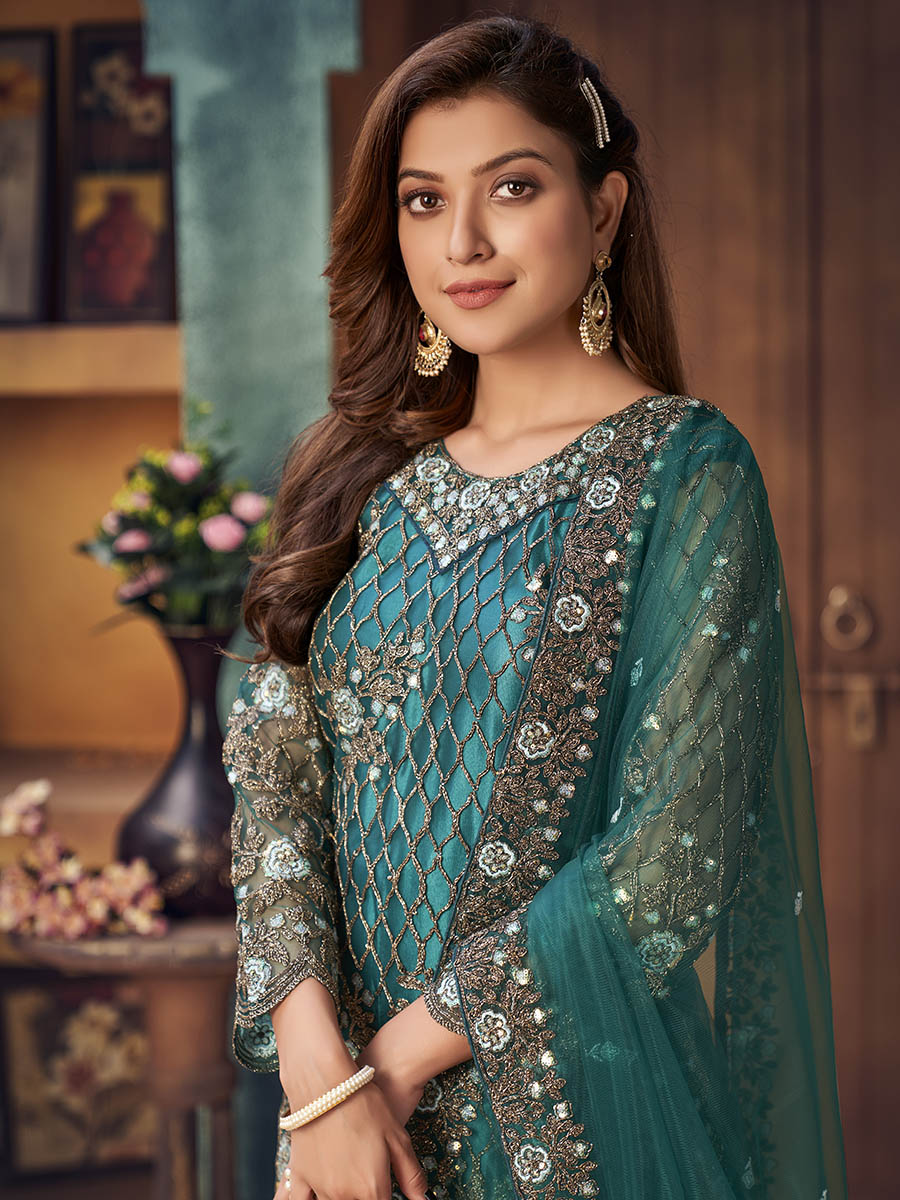 Myra Rama Green Heavy Embroidered Pant Style Suit | Grocsy