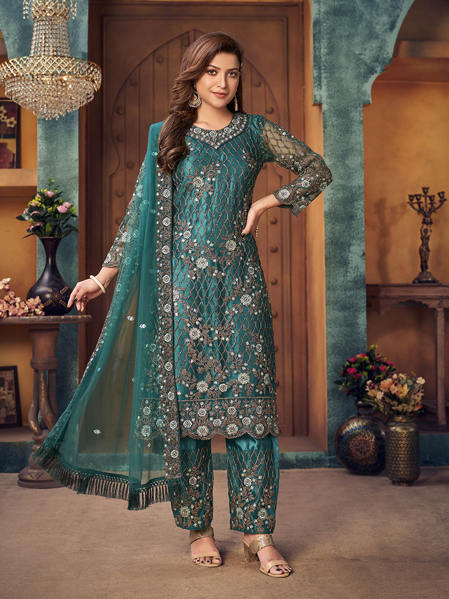 Myra Rama Green Heavy Embroidered Pant Style Suit | Grocsy