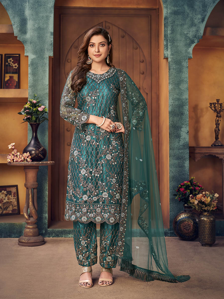 Myra Rama Green Heavy Embroidered Pant Style Suit | Grocsy