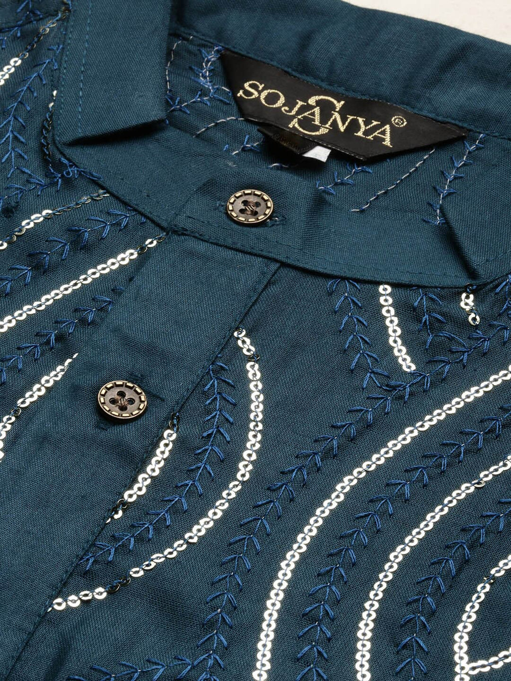 Sojanya Ethnic Motif Embroidered Band Collar Sequinned Pure Cotton Kurta | Grocsy