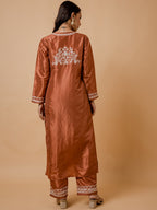 HOUSE OF KARI Floral Embroidered Silk Chikankari Kurta | Grocsy