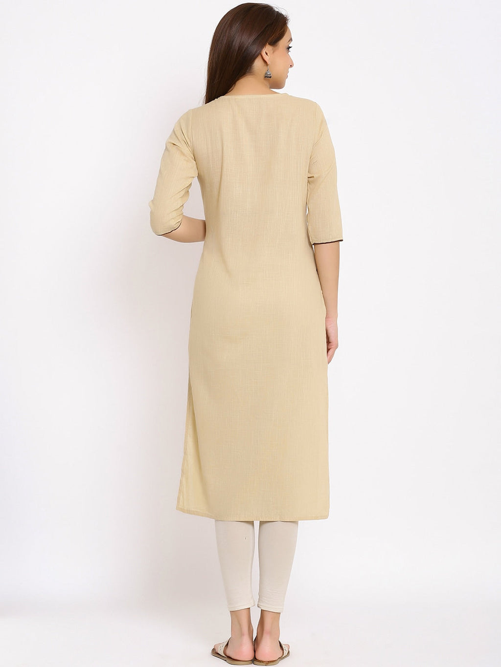 HERE&NOW Beige Geometric Yoke Design Thread Work Kurta | Grocsy