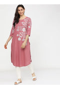 Maai Rayon Hand Printed Kurta Pink | Grocsy