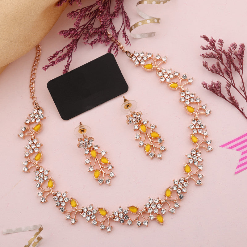 Tehzeeb Creations Rose Gold Pleated White Diamond With Yellow Beads Necklace Set | Grocsy