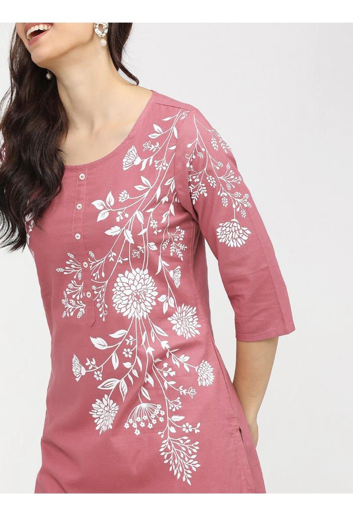 Maai Rayon Hand Printed Kurta Pink | Grocsy