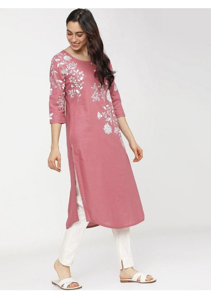 Maai Rayon Hand Printed Kurta Pink | Grocsy