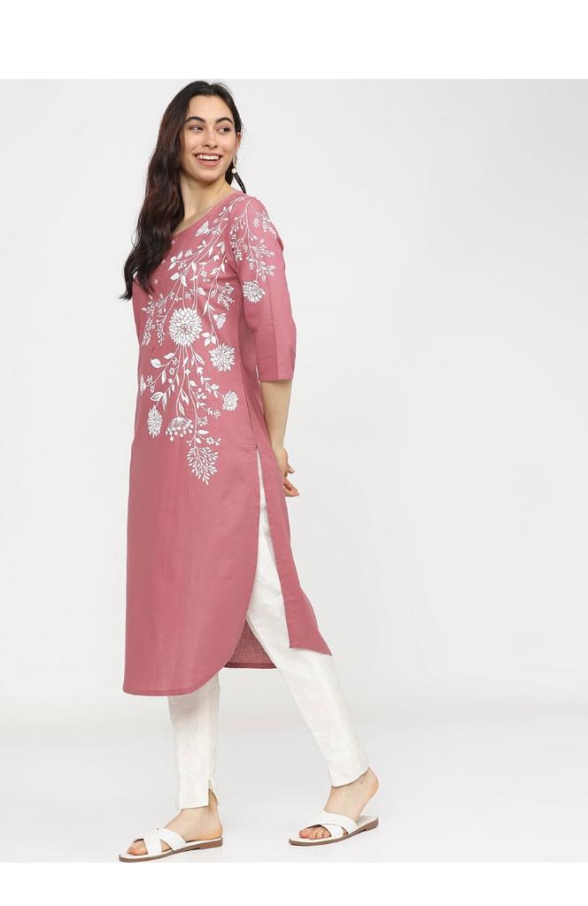 Maai Rayon Hand Printed Kurta Pink | Grocsy