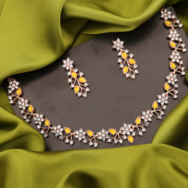 Tehzeeb Creations Rose Gold Pleated White Diamond With Yellow Beads Necklace Set | Grocsy