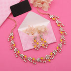 Tehzeeb Creations Rose Gold Pleated White Diamond With Yellow Beads Necklace Set | Grocsy