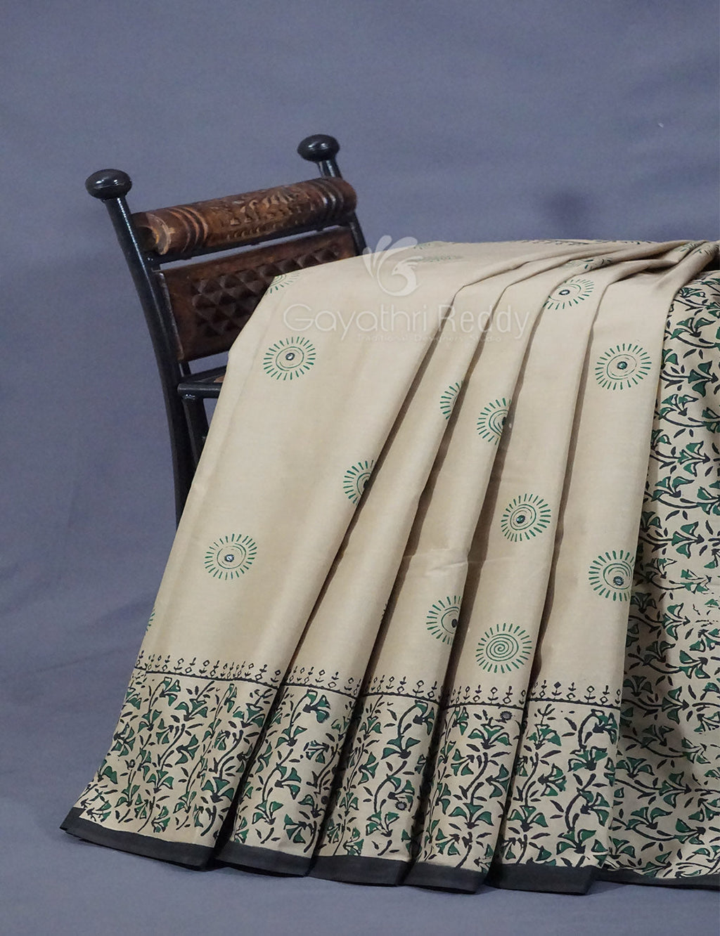 Light Olive Mix Grey Colour Block Print With Mirron Embroidered Pure Mulmul Cotton Saree By Gayathri Reddy Designer Studio | Grocsy