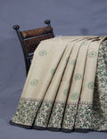 Light Olive Mix Grey Colour Block Print With Mirron Embroidered Pure Mulmul Cotton Saree By Gayathri Reddy Designer Studio | Grocsy