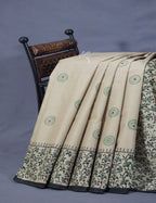 Light Olive Mix Grey Colour Block Print With Mirron Embroidered Pure Mulmul Cotton Saree By Gayathri Reddy Designer Studio | Grocsy