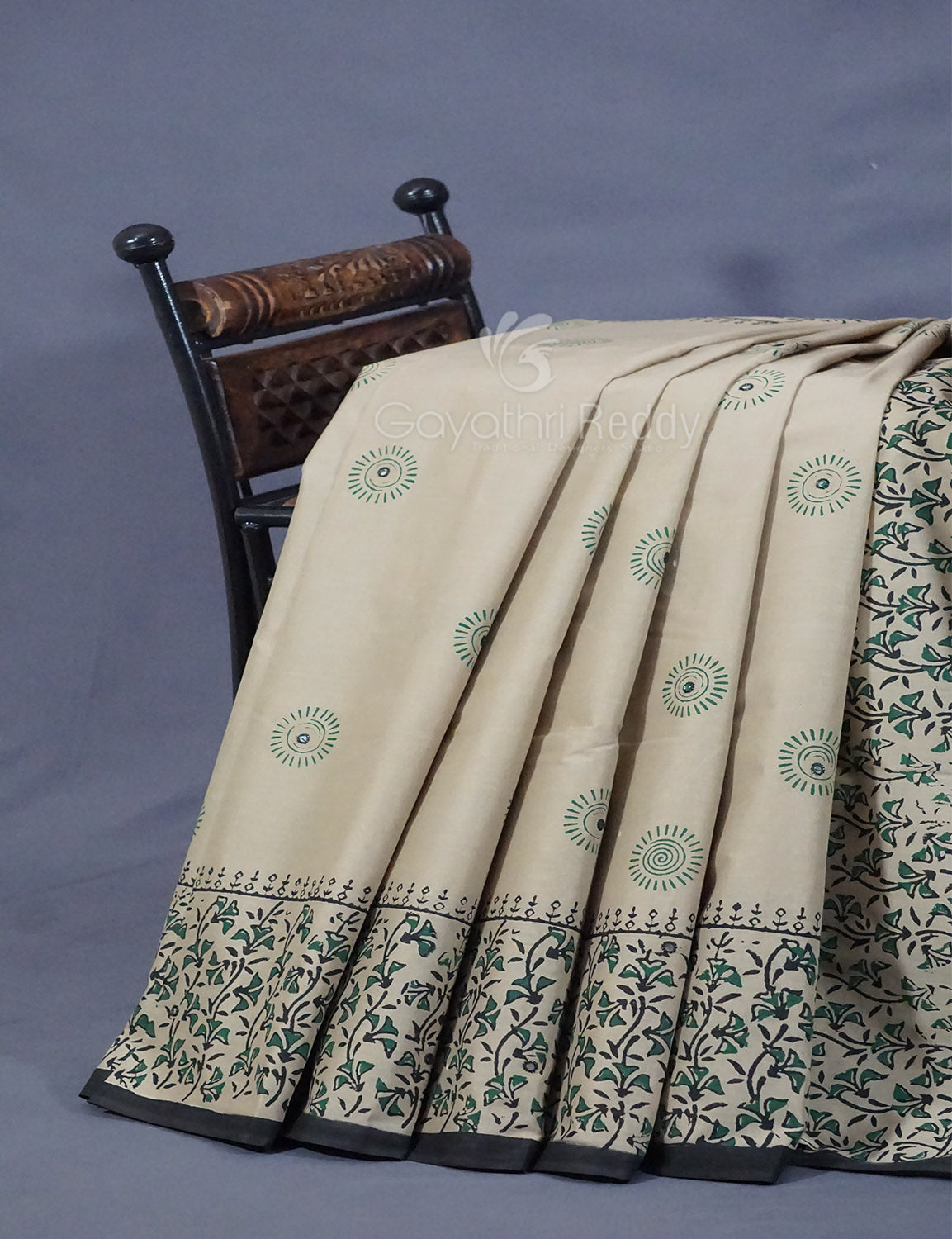 Light Olive Mix Grey Colour Block Print With Mirron Embroidered Pure Mulmul Cotton Saree By Gayathri Reddy Designer Studio | Grocsy