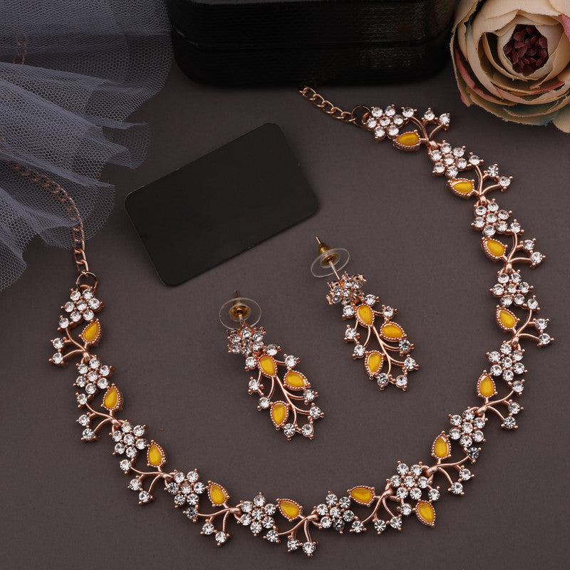 Tehzeeb Creations Rose Gold Pleated White Diamond With Yellow Beads Necklace Set | Grocsy