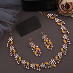 Tehzeeb Creations Rose Gold Pleated White Diamond With Yellow Beads Necklace Set | Grocsy