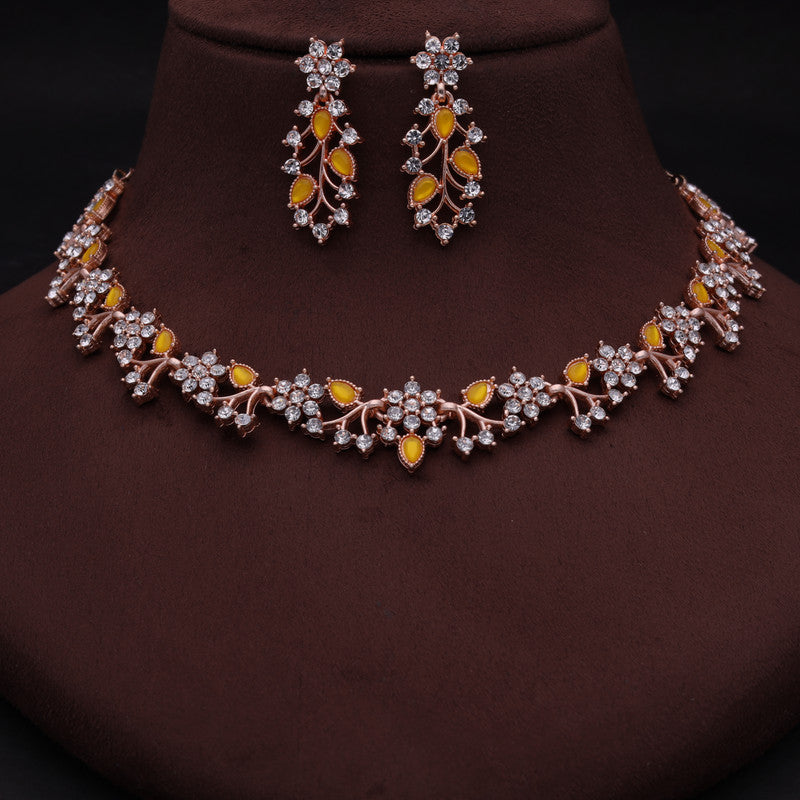 Tehzeeb Creations Rose Gold Pleated White Diamond With Yellow Beads Necklace Set | Grocsy