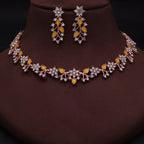 Tehzeeb Creations Rose Gold Pleated White Diamond With Yellow Beads Necklace Set | Grocsy