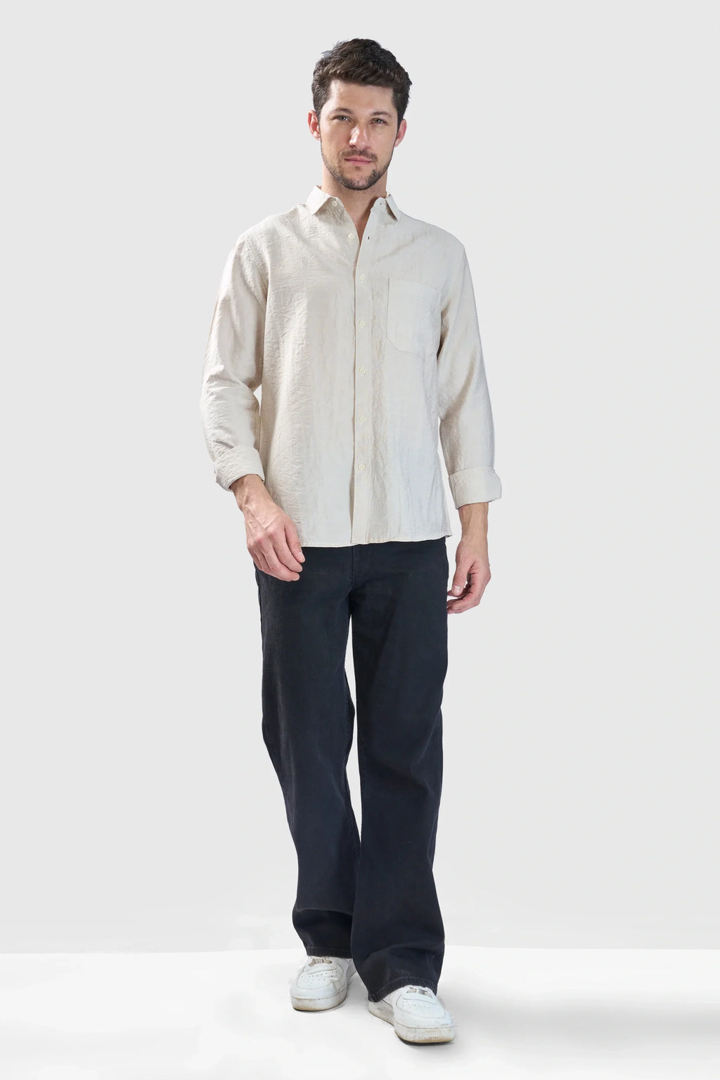 Xkind Beige Crush Wrinkled Look Regular Fit Shirt | Grocsy
