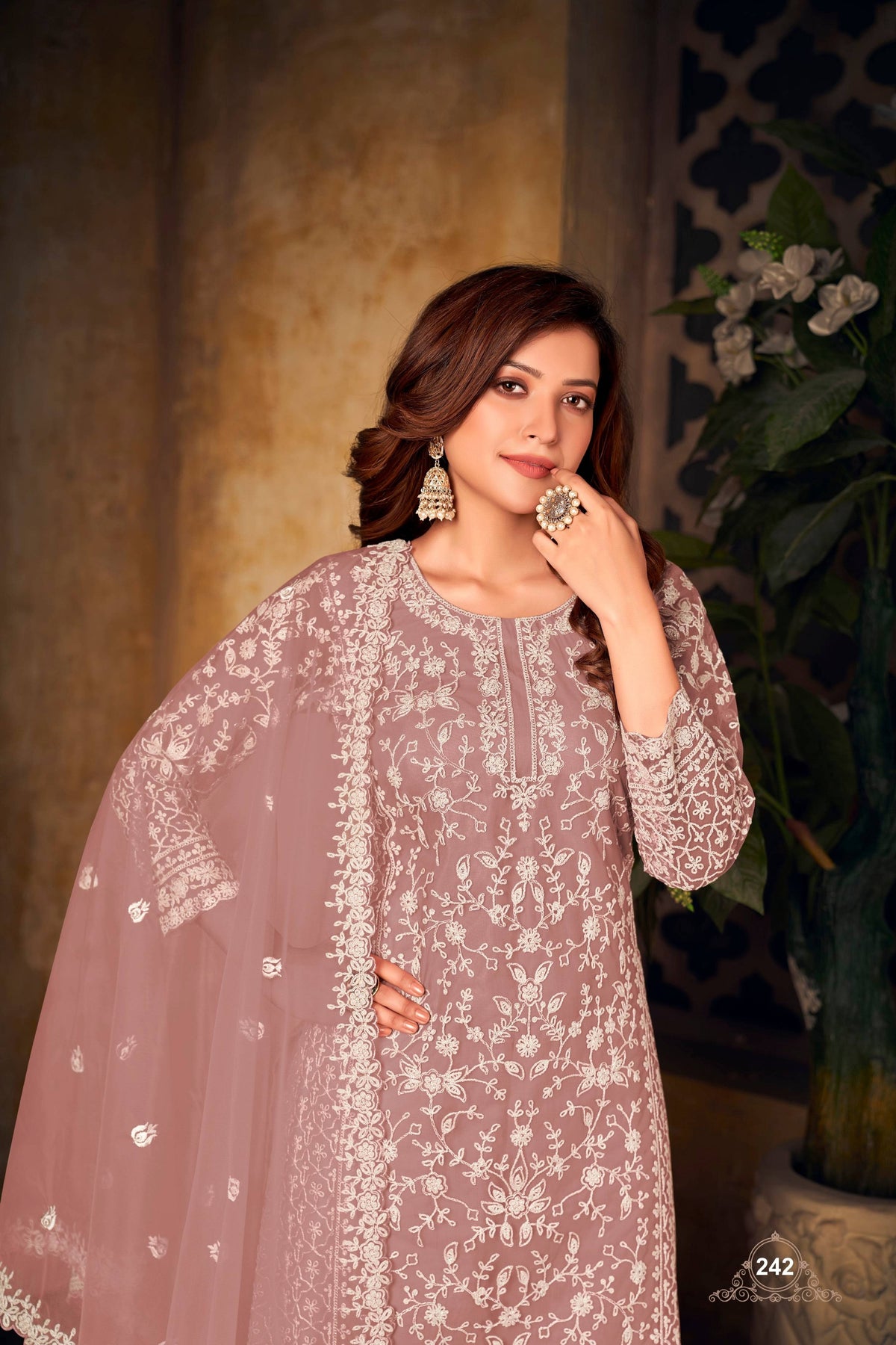 Anaita Light Brown Embroidered Net Plazzo Suit | Grocsy