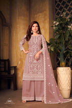 Anaita Light Brown Embroidered Net Plazzo Suit | Grocsy