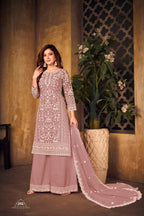Anaita Light Brown Embroidered Net Plazzo Suit | Grocsy