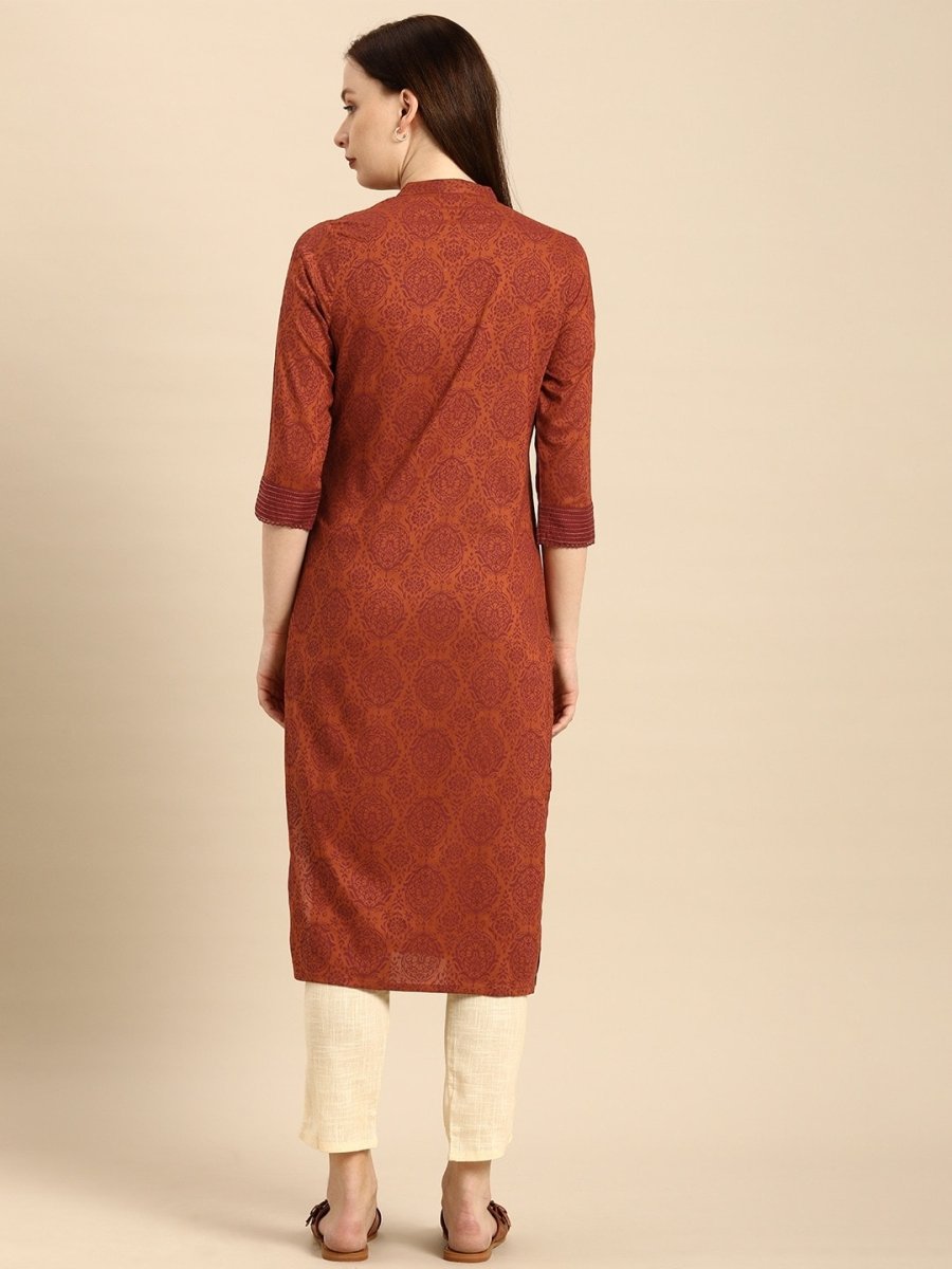 All About You Women Rust Brown Ethnic Motifs Printed Straight Kurta | Grocsy