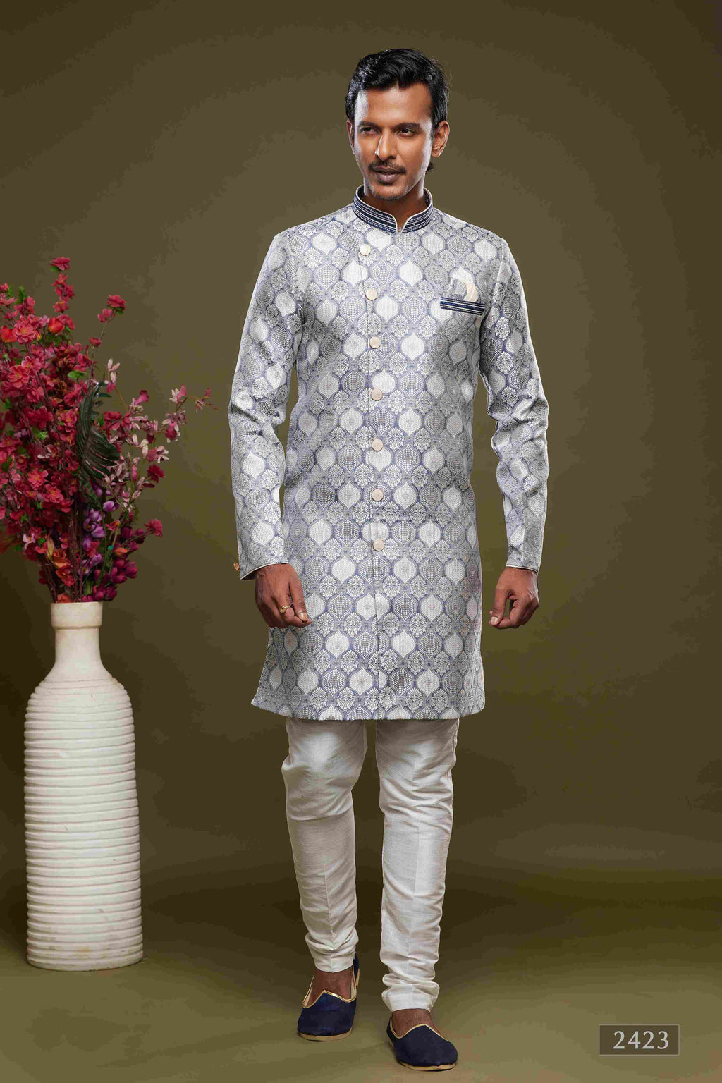 Raivat Ethnic Banarasi Jacquard Embroidery Semi Indo Western Sherwani In Grey Colour | Grocsy