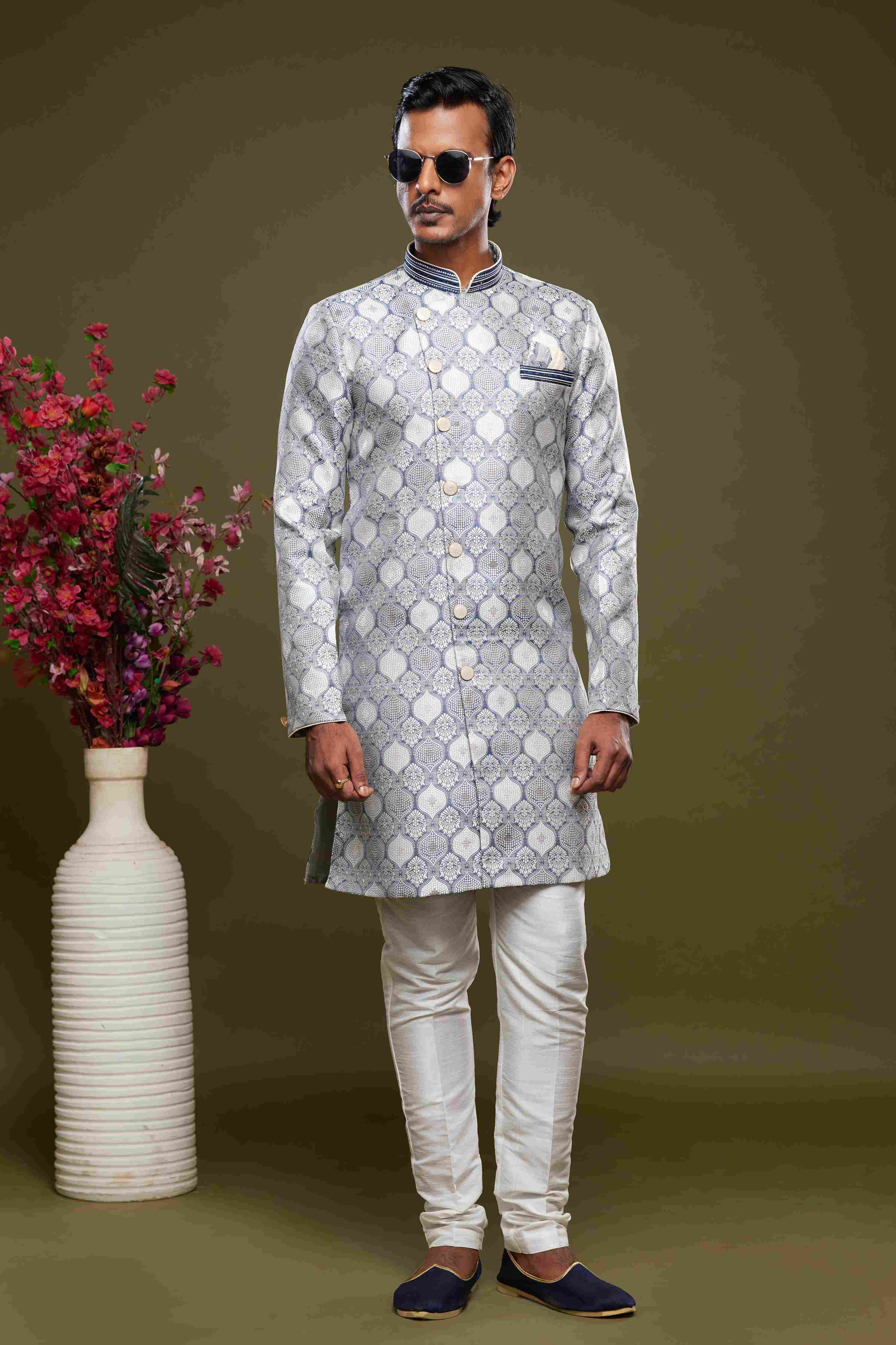 Raivat Ethnic Banarasi Jacquard Embroidery Semi Indo Western Sherwani In Grey Colour | Grocsy