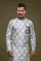 Raivat Ethnic Banarasi Jacquard Embroidery Semi Indo Western Sherwani In Grey Colour | Grocsy