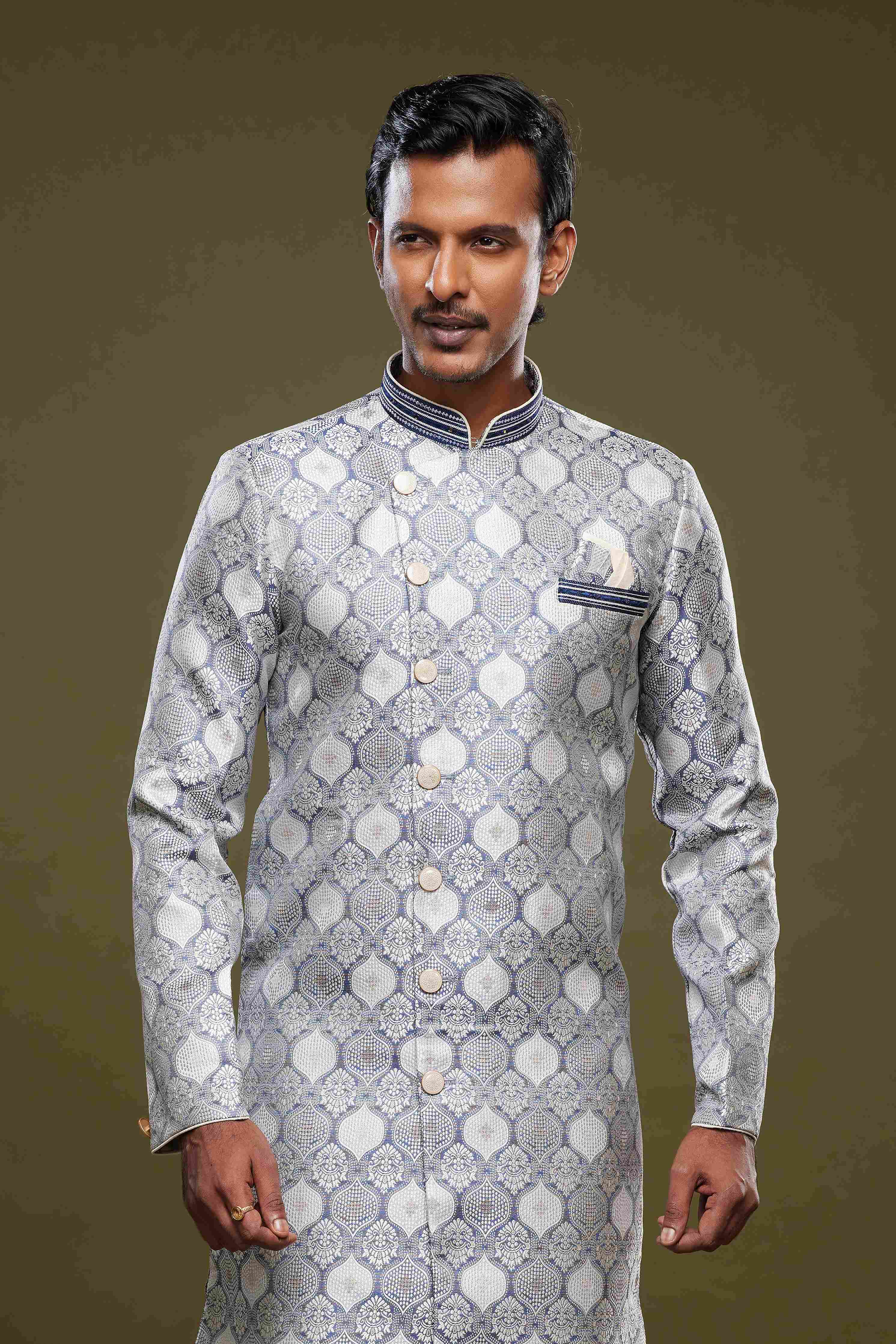 Raivat Ethnic Banarasi Jacquard Embroidery Semi Indo Western Sherwani In Grey Colour | Grocsy