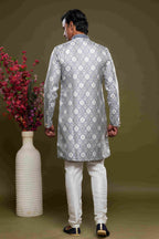 Raivat Ethnic Banarasi Jacquard Embroidery Semi Indo Western Sherwani In Grey Colour | Grocsy