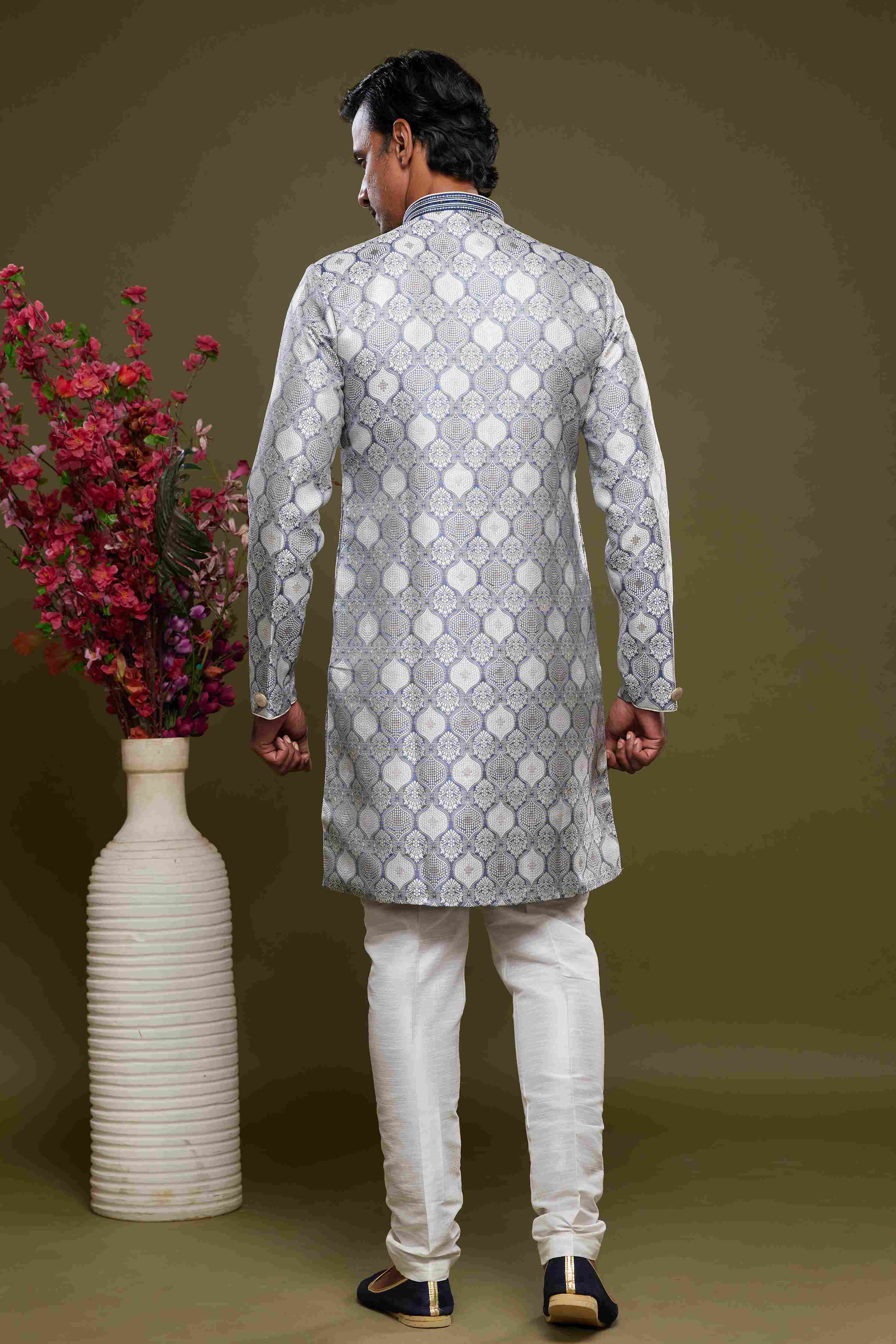 Raivat Ethnic Banarasi Jacquard Embroidery Semi Indo Western Sherwani In Grey Colour | Grocsy