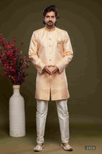 Raivat Ethnic Banarasi Jacquard Embroidery Semi Indo Western Sherwani In Orange Colour | Grocsy