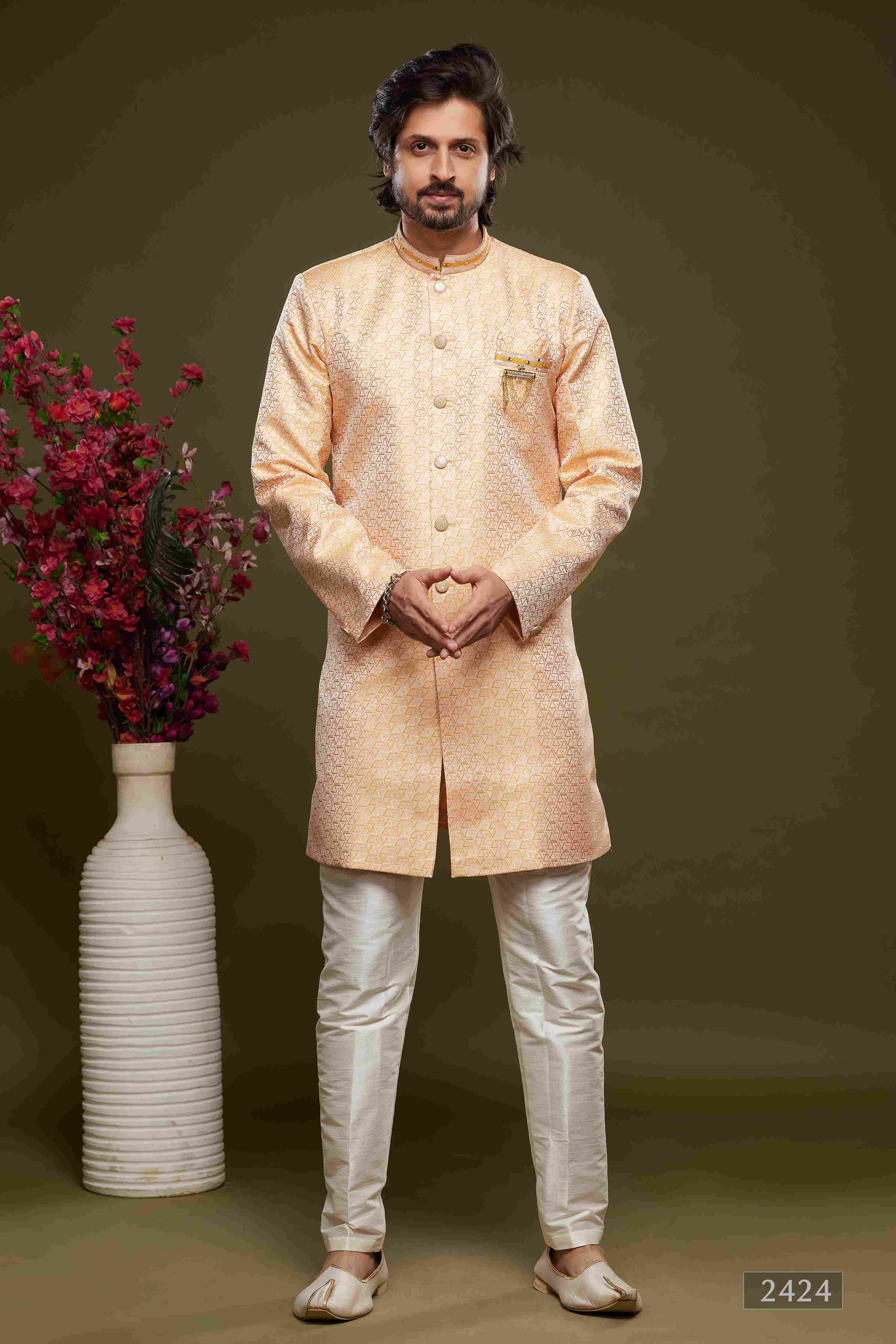 Raivat Ethnic Banarasi Jacquard Embroidery Semi Indo Western Sherwani In Orange Colour | Grocsy