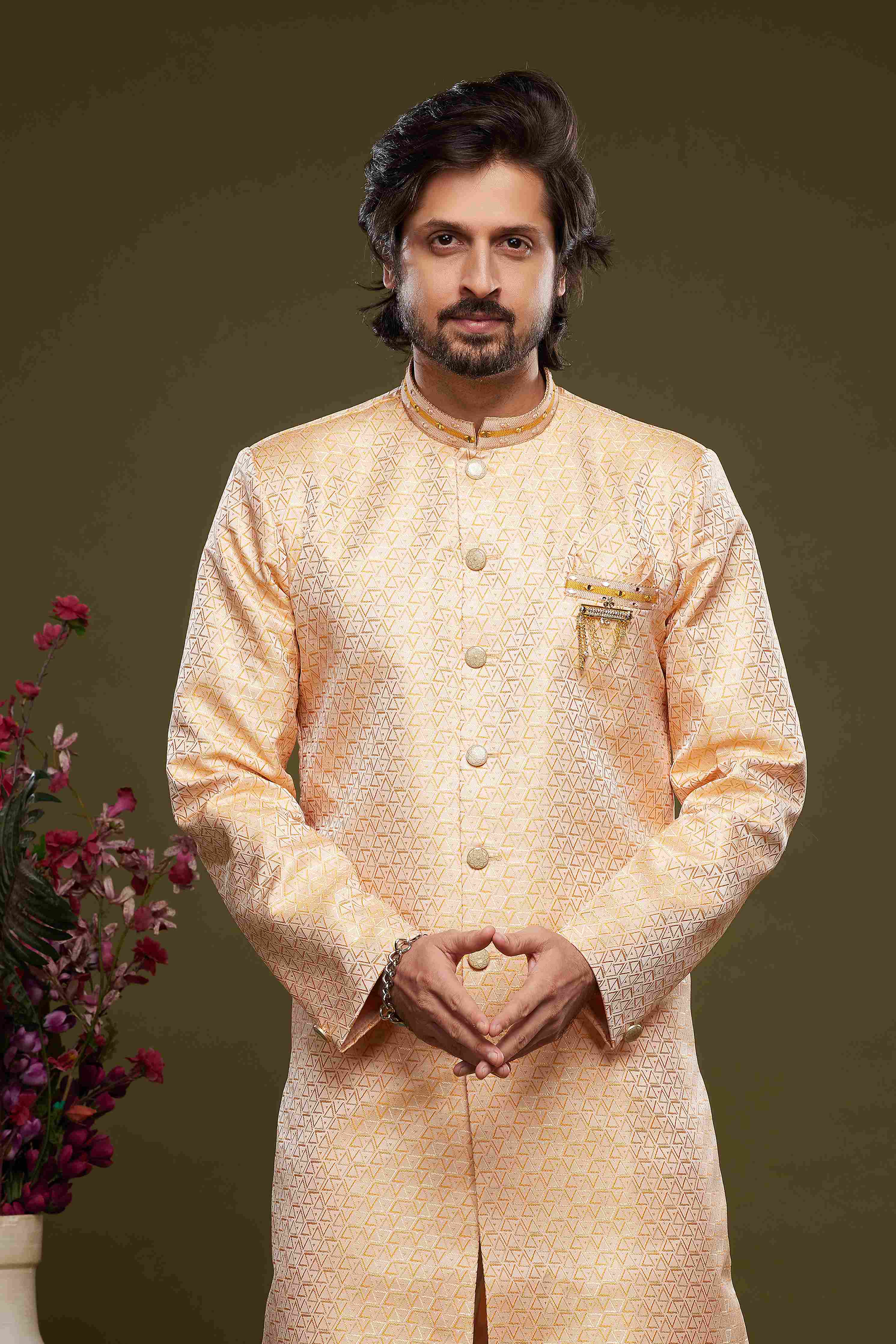 Raivat Ethnic Banarasi Jacquard Embroidery Semi Indo Western Sherwani In Orange Colour | Grocsy