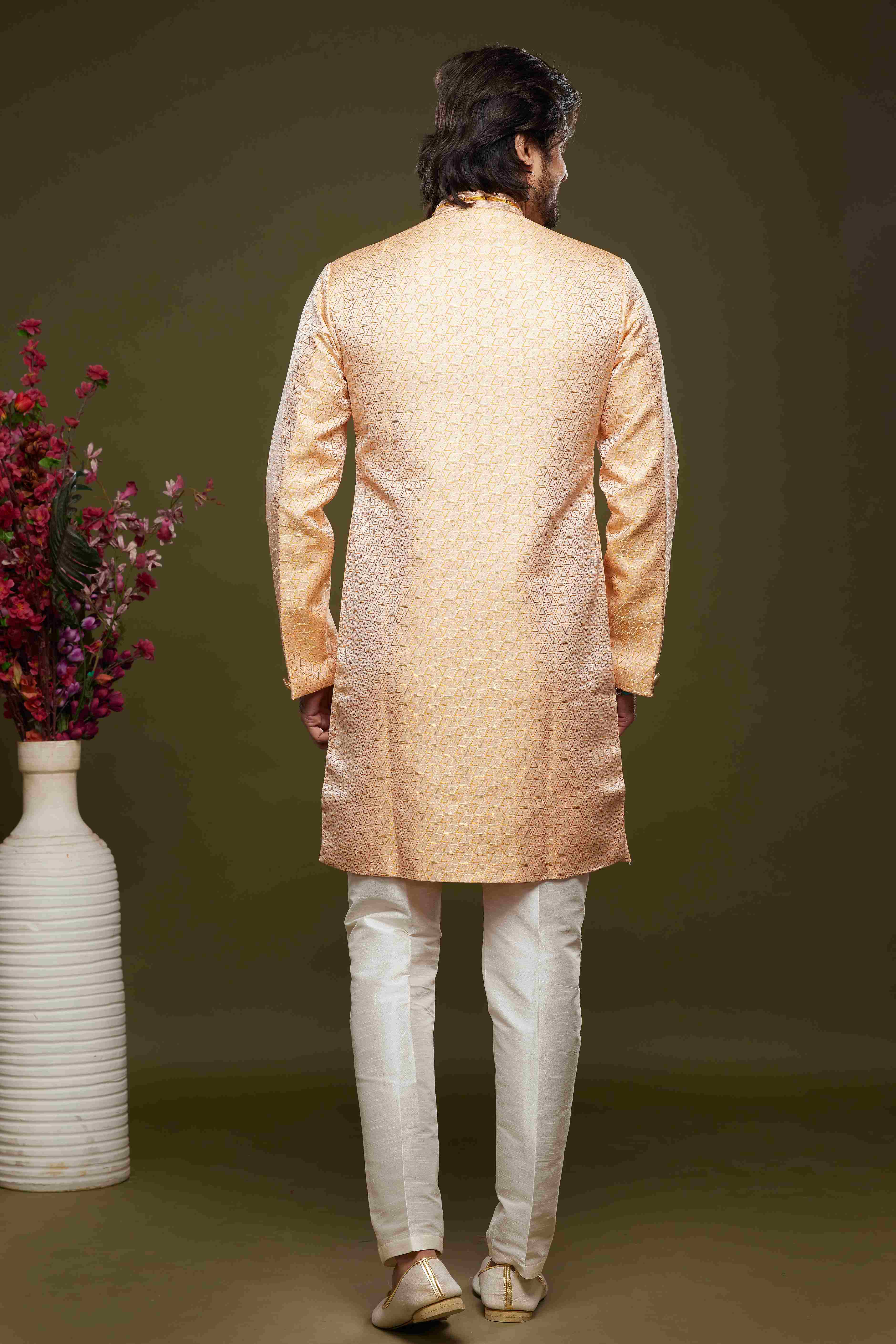 Raivat Ethnic Banarasi Jacquard Embroidery Semi Indo Western Sherwani In Orange Colour | Grocsy