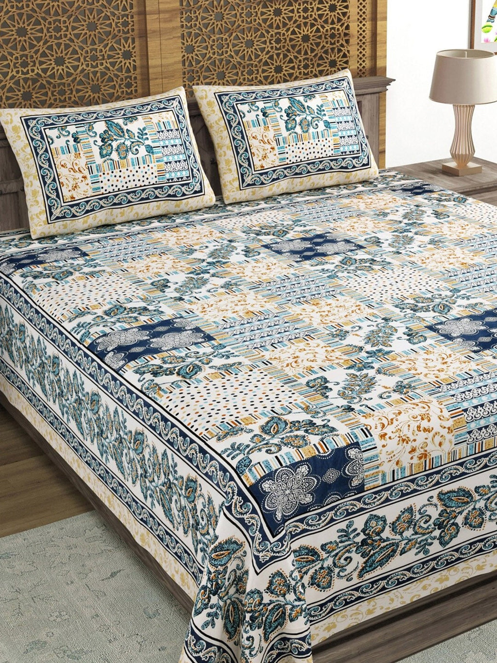 Sangria Blue & Brown Printed Cotton 210TC Double King Bedsheet With 2 Pillow Covers | Grocsy