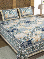 Sangria Blue & Brown Printed Cotton 210TC Double King Bedsheet With 2 Pillow Covers | Grocsy