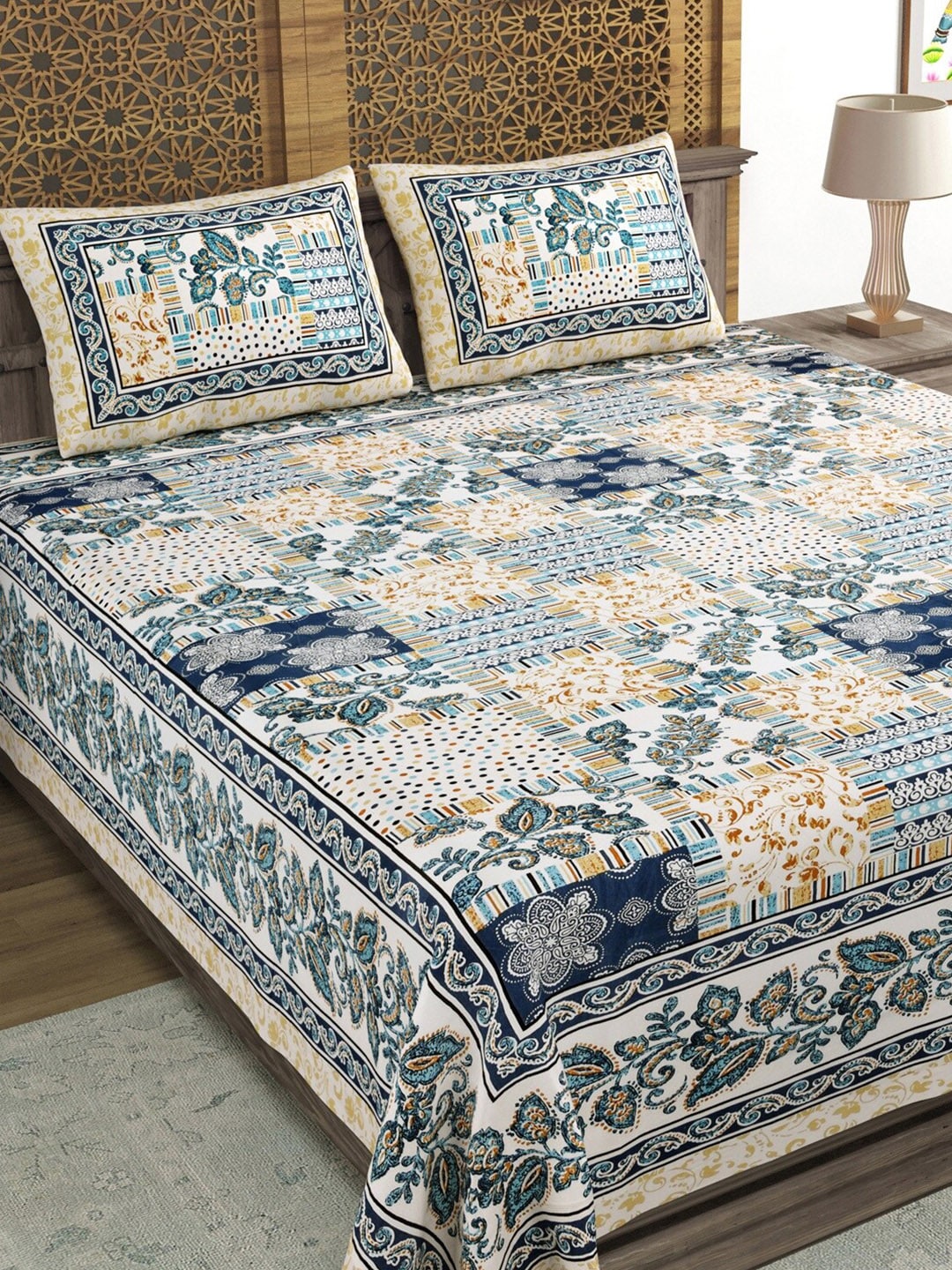 Sangria Blue & Brown Printed Cotton 210TC Double King Bedsheet With 2 Pillow Covers | Grocsy