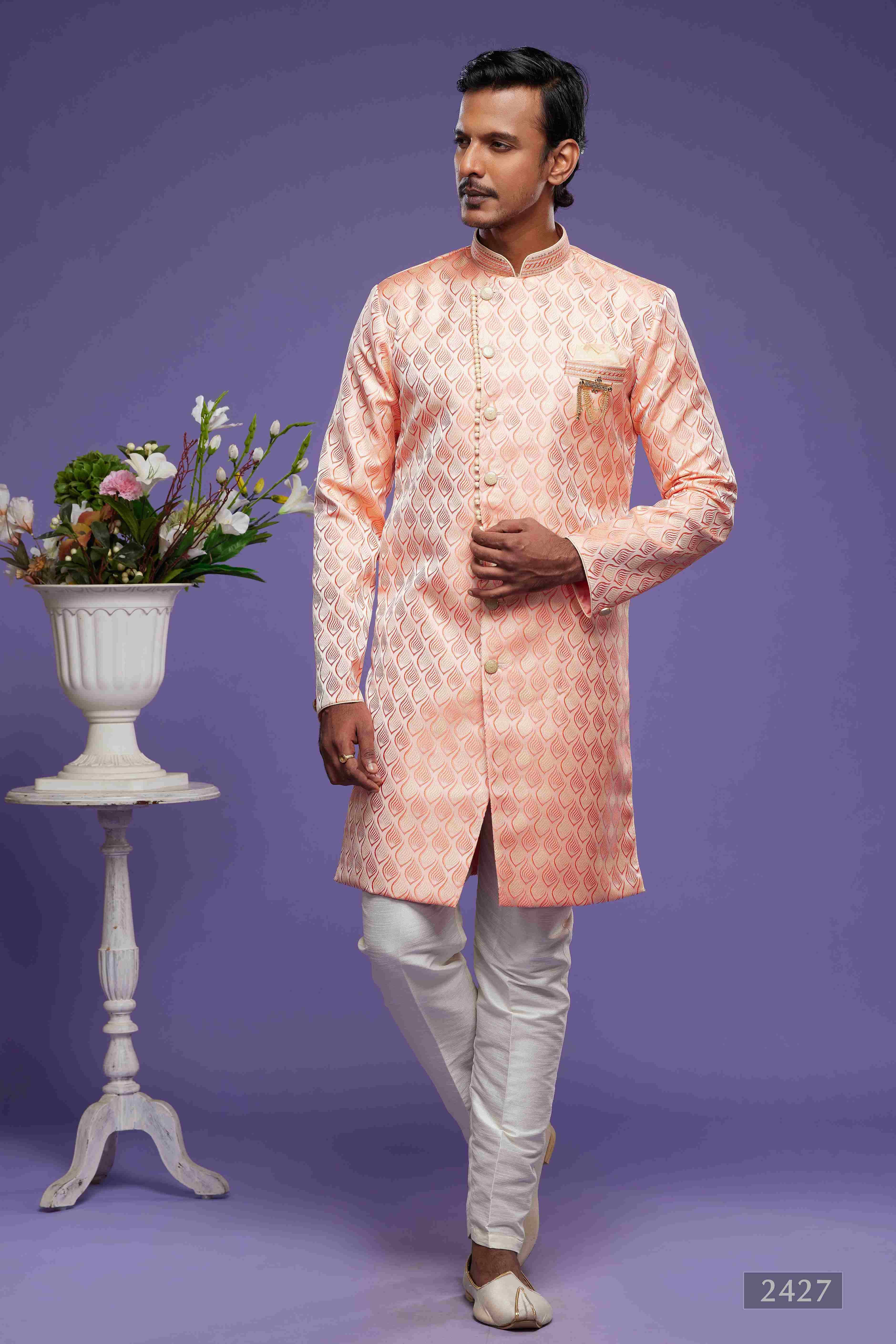 Raivat Ethnic Banarasi Jacquard Embroidery Semi Indo Western Sherwani In Pink Colour | Grocsy