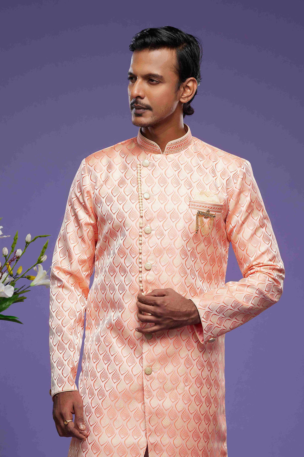 Raivat Ethnic Banarasi Jacquard Embroidery Semi Indo Western Sherwani In Pink Colour | Grocsy