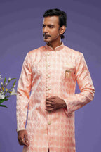 Raivat Ethnic Banarasi Jacquard Embroidery Semi Indo Western Sherwani In Pink Colour | Grocsy