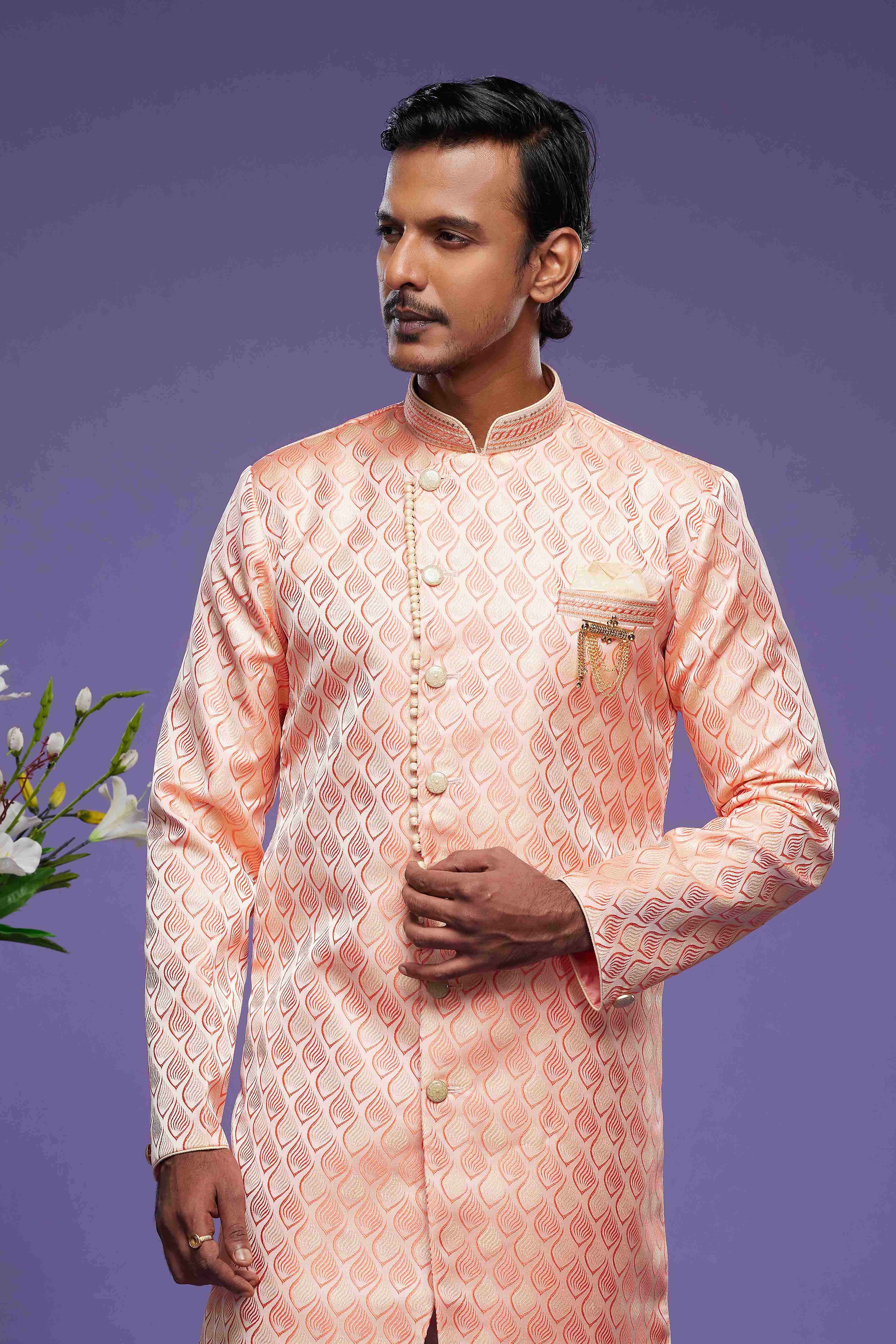 Raivat Ethnic Banarasi Jacquard Embroidery Semi Indo Western Sherwani In Pink Colour | Grocsy