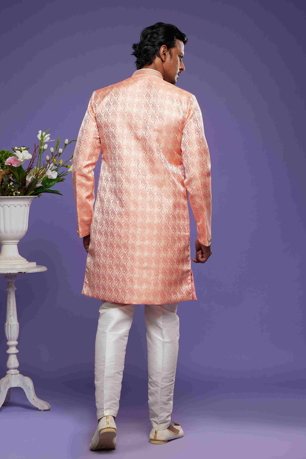 Raivat Ethnic Banarasi Jacquard Embroidery Semi Indo Western Sherwani In Pink Colour | Grocsy