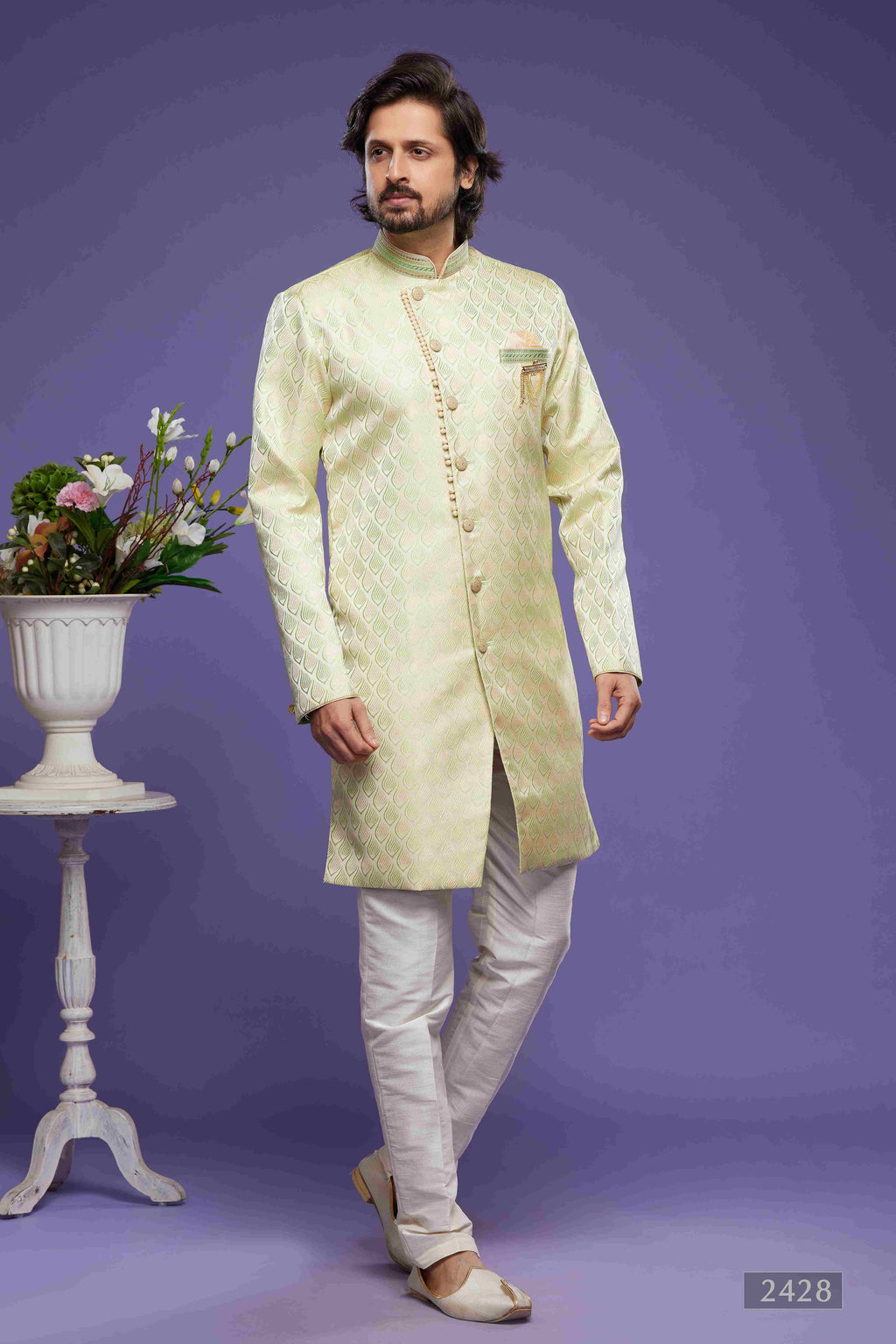 Raivat Ethnic Banarasi Jacquard Embroidery Semi Indo Western Sherwani In Pista Green Colour | Grocsy
