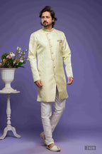 Raivat Ethnic Banarasi Jacquard Embroidery Semi Indo Western Sherwani In Pista Green Colour | Grocsy