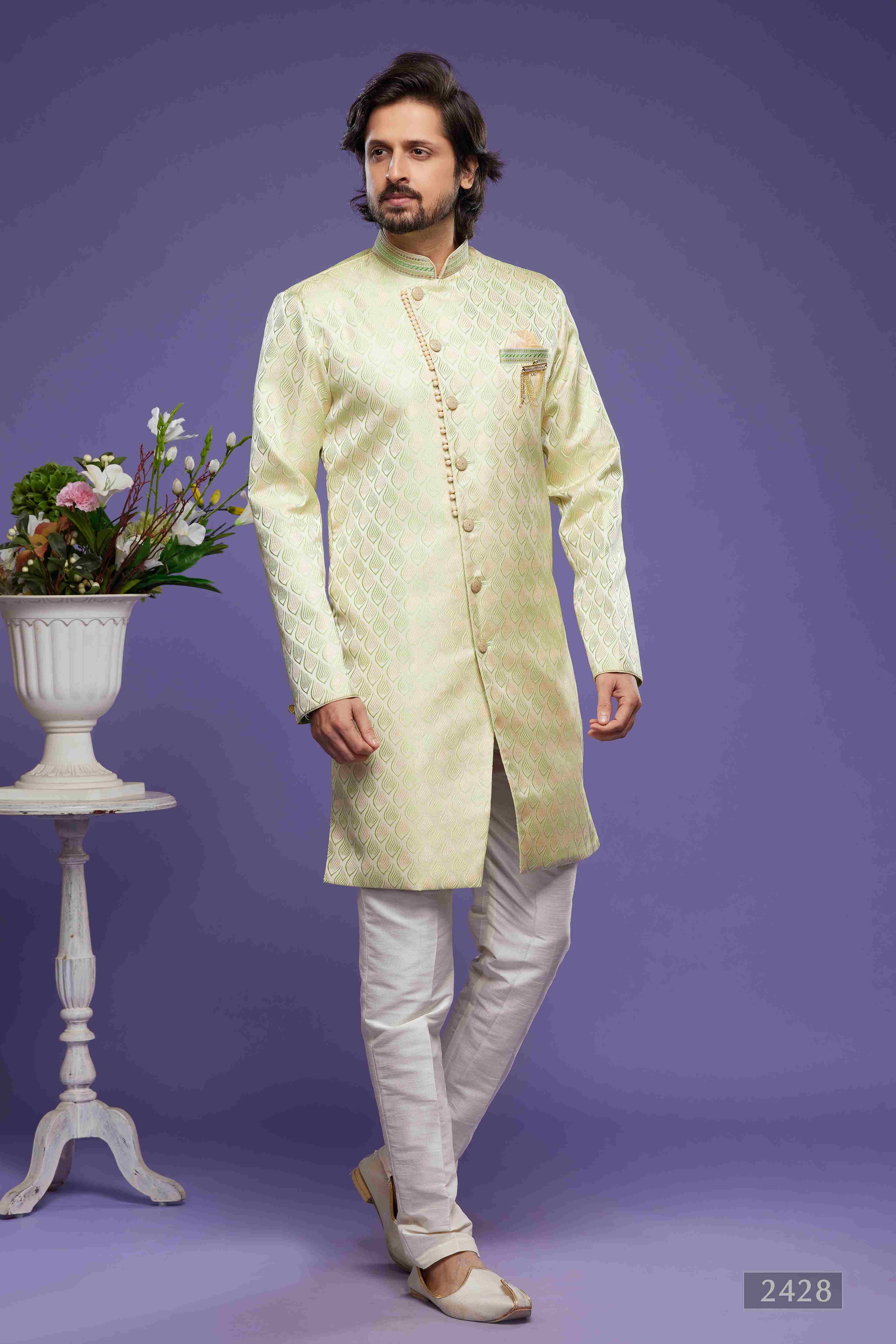 Raivat Ethnic Banarasi Jacquard Embroidery Semi Indo Western Sherwani In Pista Green Colour | Grocsy