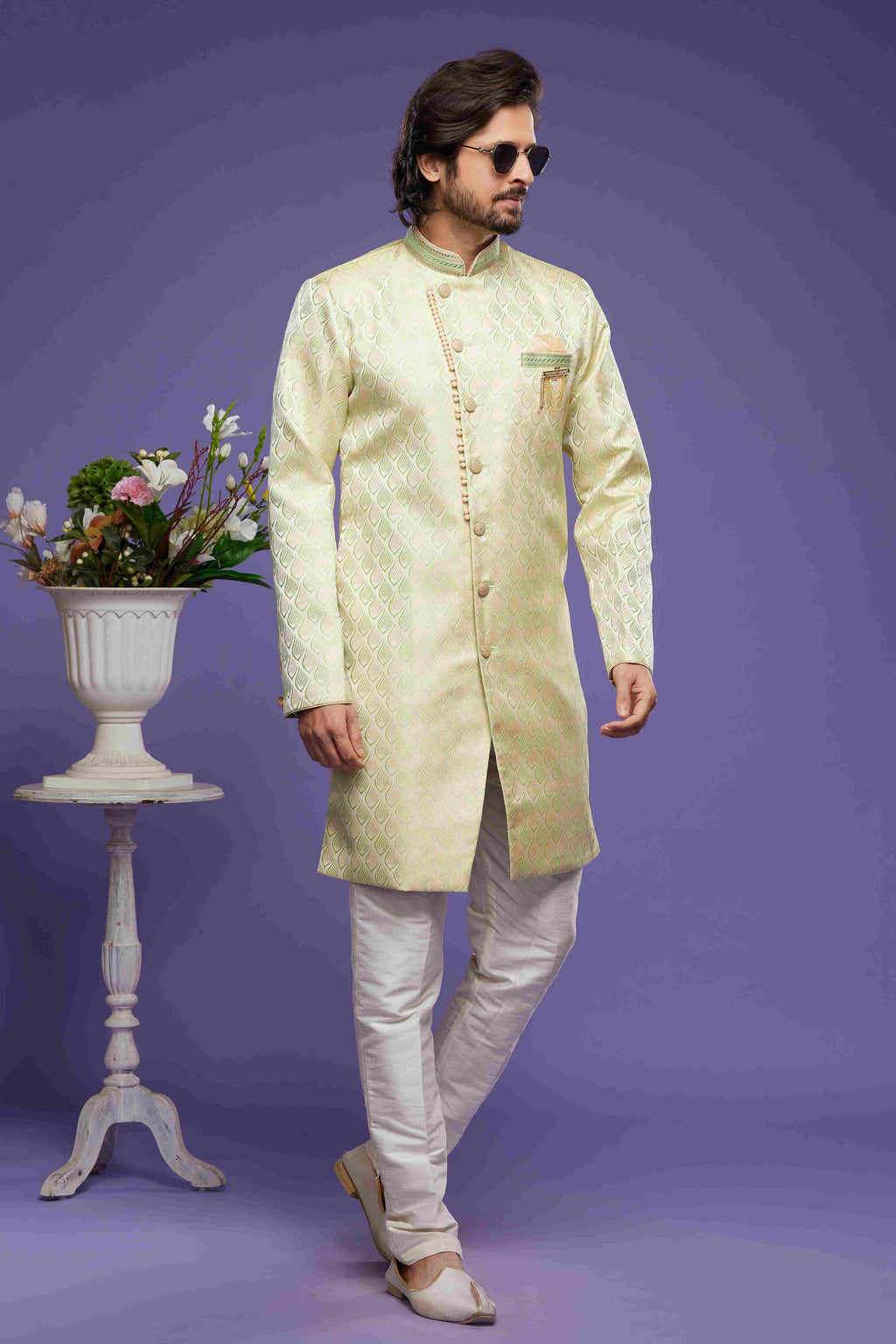 Raivat Ethnic Banarasi Jacquard Embroidery Semi Indo Western Sherwani In Pista Green Colour | Grocsy